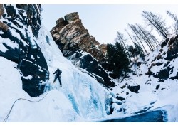 Collection of ice climber on a mountain glacier rock climbin