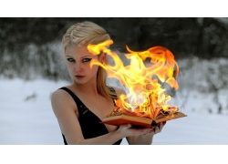 人,金发,火,图书,绿眼睛,妇女,燃烧,幻想女孩,户外的女人,冬季571