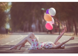 人,美女,气球,户外的女人,路,模特14351