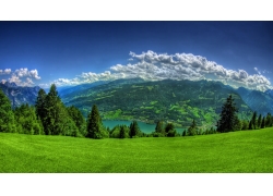景观,湖,丘陵,绿色,草,山,树木,云,瓦伦湖,瑞士,天空,海,水20984