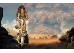 户外的女人,蛇,剑,幻想武器,数字艺术,精灵,景观,比基尼装甲53749