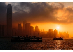 香港,市容,日落,堆叠,湾,亚洲,中国,公寓,skycrapers,船,景观4886