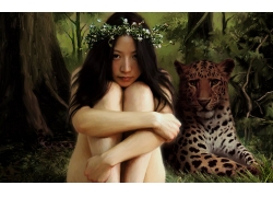 亚洲,豹,森林,景观,插图,动物,绘画567784