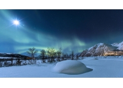 景观,挪威,山,晚,冬季,雪,月亮,月光,树木,明星,丘陵,长时间曝光,