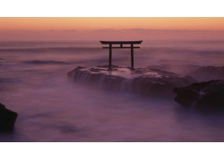 景观,牌坊,日本,亚洲,岩,石头,海,波浪,长时间曝光,日落,地平线47