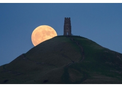 景观,月亮,月光,超级血月,晚,塔,废墟,爬坡道,格拉斯顿伯里,英国,