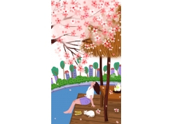 樱花季手绘插画