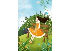 清新自然美好春天春季野外自然界山上女孩长椅卡通手绘夏天插画